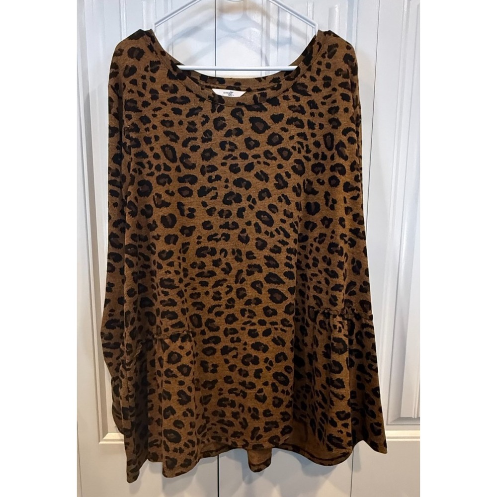 Terra & Sky Women's 3X Leopard Print Peplum Tunic Top Brown Black Plus Size